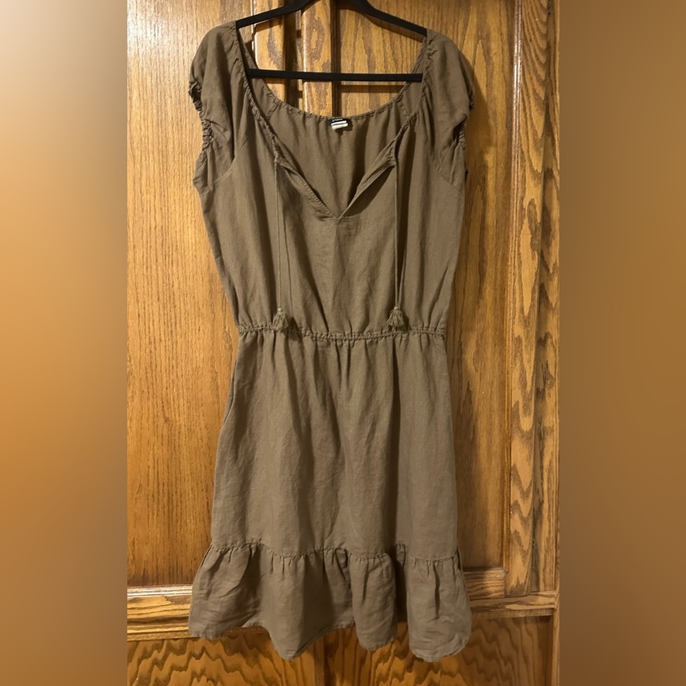 J. Crew Brown Linen Blend Tie Neck Peasant Dress Knee Length Ruffle Hem Sz L